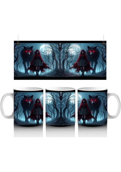 Kırmızı Pelerinli Vampir Figürlü Sisli Gece Temalı Cadılar Bayramı Baskılı Kupa