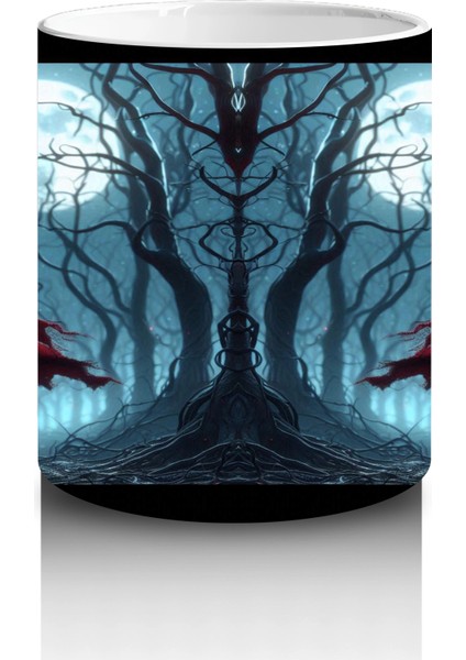 Kırmızı Pelerinli Vampir Figürlü Sisli Gece Temalı Cadılar Bayramı Baskılı Kupa modelleri