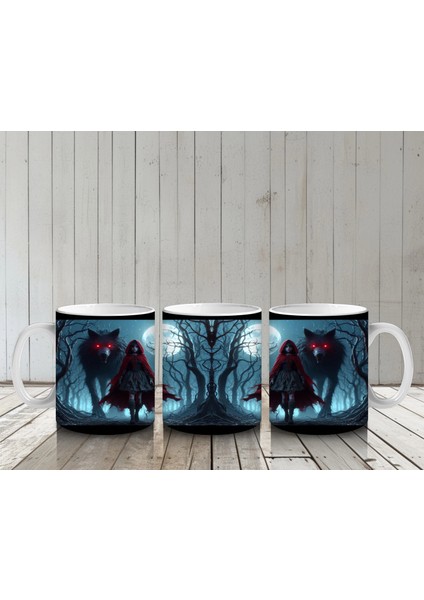 Kırmızı Pelerinli Vampir Figürlü Sisli Gece Temalı Cadılar Bayramı Baskılı Kupa