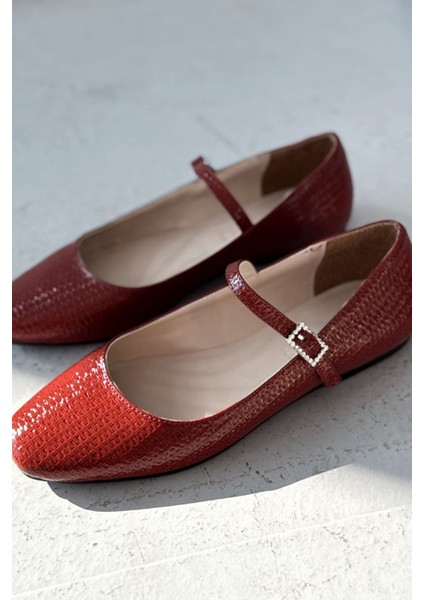 Edwons Parlak Deri Kadın Babet Bordo