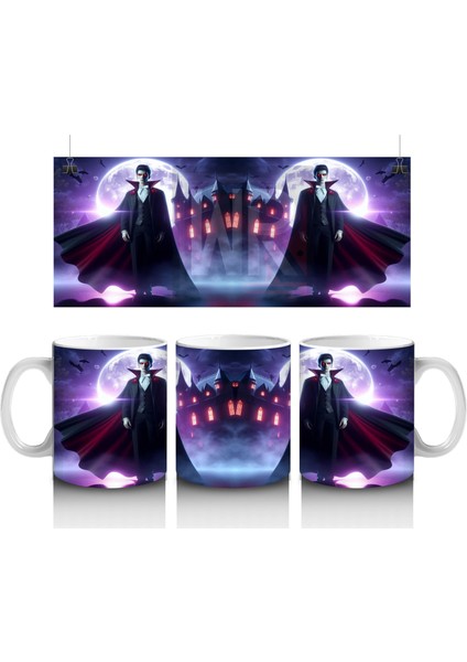 Mor Işıklı Korkunç Vampir Figürlü Cadılar Bayramı Baskılı Kupa