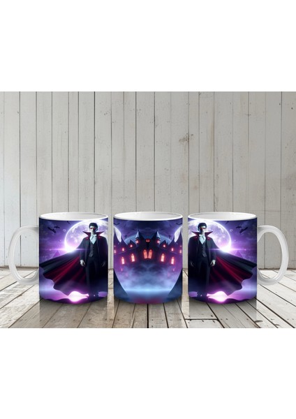 Mor Işıklı Korkunç Vampir Figürlü Cadılar Bayramı Baskılı Kupa