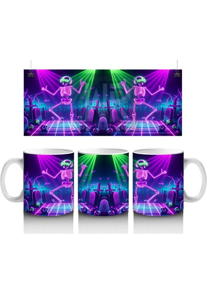 Neon Işıklarla Aydınlatılmış Dans Eden Canavar Figürlü Cadılar Bayramı Baskılı Kupa