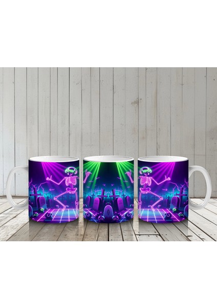 Neon Işıklarla Aydınlatılmış Dans Eden Canavar Figürlü Cadılar Bayramı Baskılı Kupa