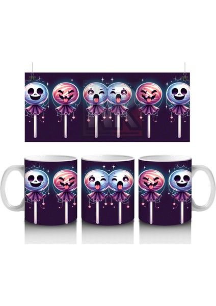 Kafatası Şeker Figürlü Lolipoplarla Renkli Cadılar Bayramı Baskılı Kupa Bardak