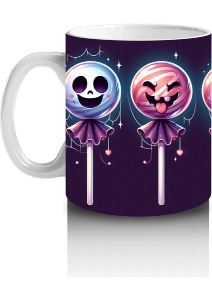 Kafatası Şeker Figürlü Lolipoplarla Renkli Cadılar Bayramı Baskılı Kupa Bardak fiyatları