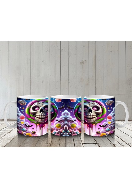 Neon Gözlü Maskeli Canavar Figürlü Renkli Cadılar Bayramı Baskılı Kupa Bardak