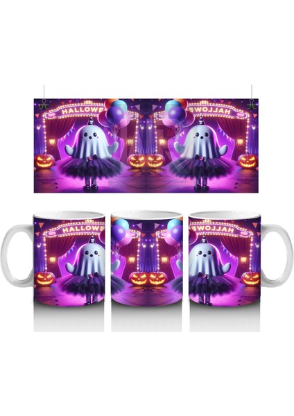 Pembe Işıklı Sahne Üzerinde Dans Eden Cadı Figürlü Renkli Cadılar Bayramı Baskılı Kupa Bardak