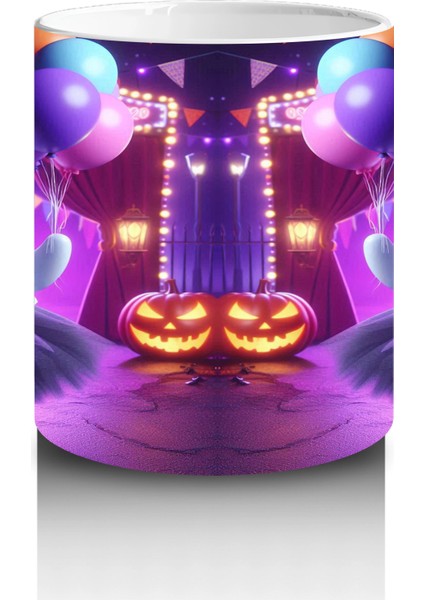 Pembe Işıklı Sahne Üzerinde Dans Eden Cadı Figürlü Renkli Cadılar Bayramı Baskılı Kupa Bardak modelleri