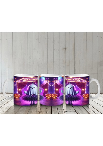 Pembe Işıklı Sahne Üzerinde Dans Eden Cadı Figürlü Renkli Cadılar Bayramı Baskılı Kupa Bardak