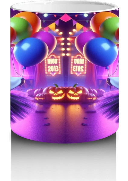 Gökkuşağı Işıklı Sahne Üzerinde Dans Eden Cadı Figürlü Renkli Cadılar Bayramı Baskılı Kupa Bardak modelleri