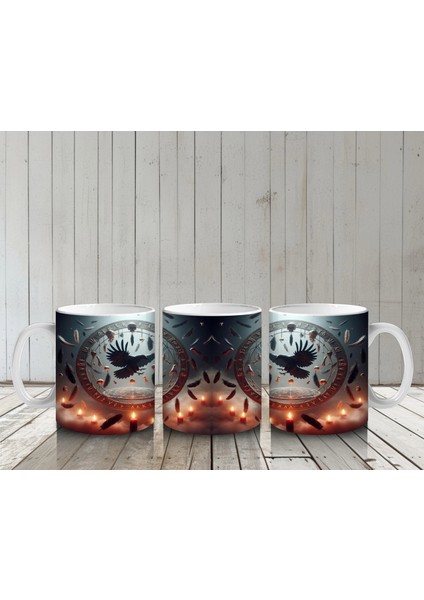 Dev Saat Önünde Oturan Siyah Kedi Figürlü Gotik Cadılar Bayramı Baskılı Kupa Bardak