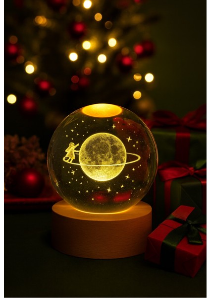 3D Satürn Kız Küre Kristal LED Gece Lambası – Usb'li Ahşap Standlı LED Masa & Gece Lambası Rgb