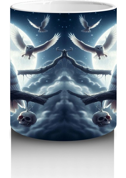 Dolunay Altında Oturan Baykuş Figürlü Mistik Cadılar Bayramı Baskılı Kupa Bardak modelleri