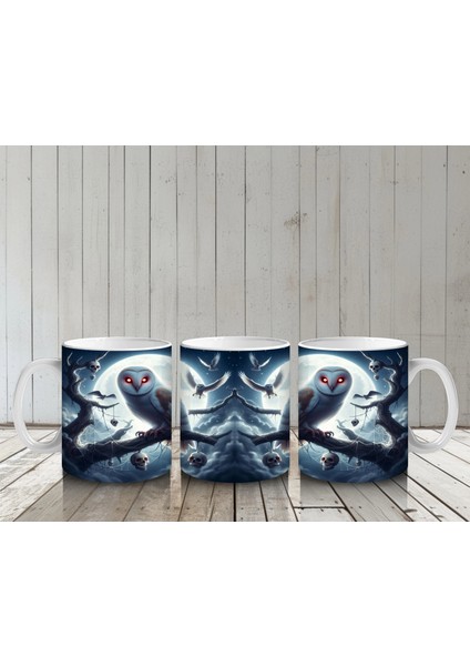 Dolunay Altında Oturan Baykuş Figürlü Mistik Cadılar Bayramı Baskılı Kupa Bardak