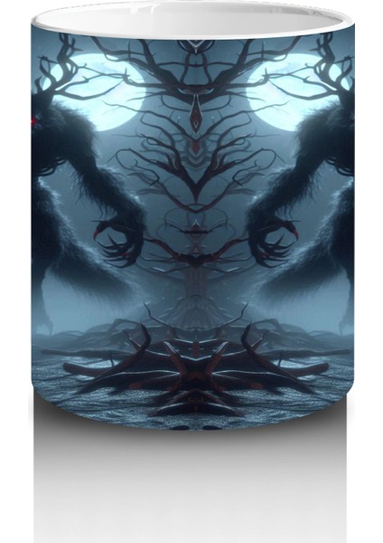 Kırmızı Pelerinli Silüet Figürlü Sisli Gece Temalı Gotik Cadılar Bayramı Baskılı Kupa Bardak modelleri