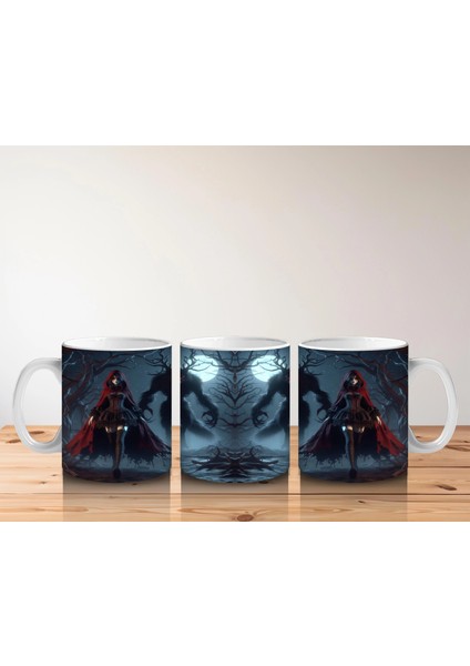 Kırmızı Pelerinli Silüet Figürlü Sisli Gece Temalı Gotik Cadılar Bayramı Baskılı Kupa Bardak indirimleri
