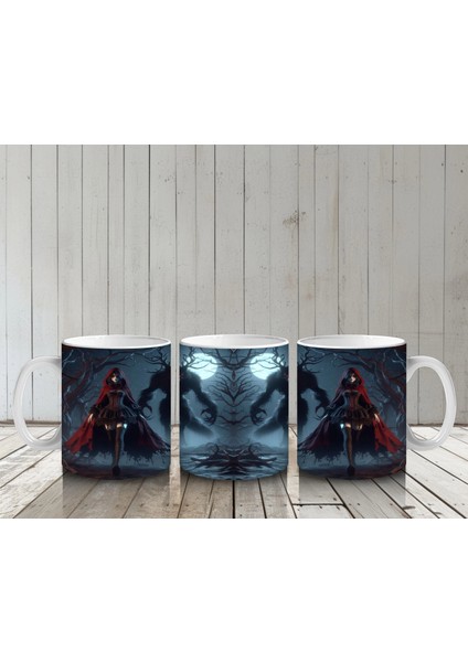 Kırmızı Pelerinli Silüet Figürlü Sisli Gece Temalı Gotik Cadılar Bayramı Baskılı Kupa Bardak