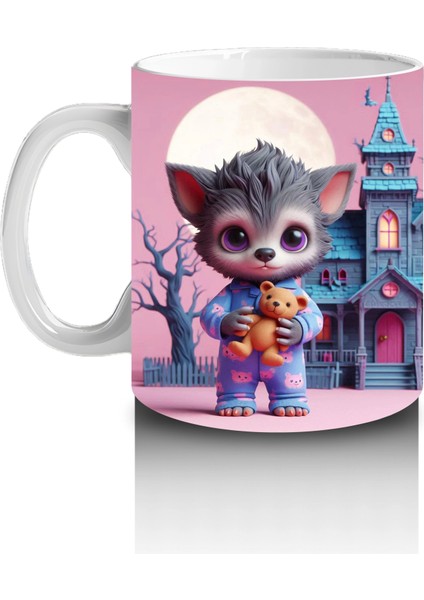 Perili Şato Önünde Sevimli Cadı Kız Figürlü Pembe Cadılar Bayramı Baskılı Kupa Bardak fiyatları