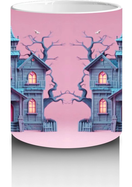 Perili Şato Önünde Sevimli Cadı Kız Figürlü Pembe Cadılar Bayramı Baskılı Kupa Bardak modelleri