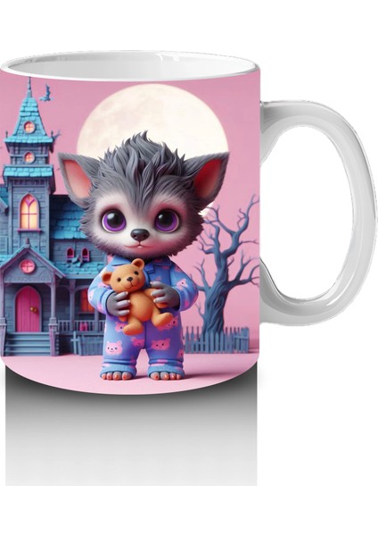 Perili Şato Önünde Sevimli Cadı Kız Figürlü Pembe Cadılar Bayramı Baskılı Kupa Bardak fırsatları