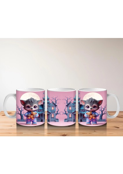 Perili Şato Önünde Sevimli Cadı Kız Figürlü Pembe Cadılar Bayramı Baskılı Kupa Bardak indirimleri