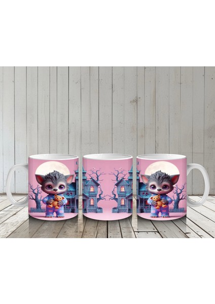 Perili Şato Önünde Sevimli Cadı Kız Figürlü Pembe Cadılar Bayramı Baskılı Kupa Bardak