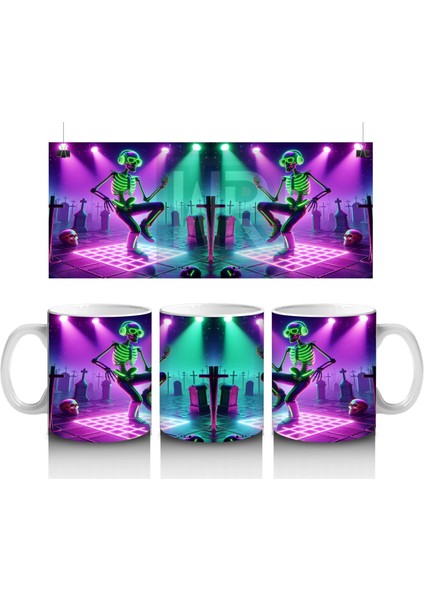 Neon Işıklar Altında Dans Eden Cadılar Figürlü Eğlenceli Cadılar Bayramı Baskılı Kupa