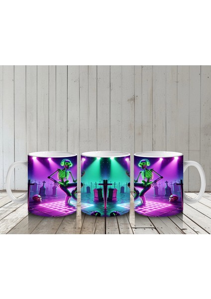 Neon Işıklar Altında Dans Eden Cadılar Figürlü Eğlenceli Cadılar Bayramı Baskılı Kupa