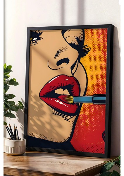 Ruj Süren Kadın Çerçeveli Tablo - Pop Art Poster Tablo