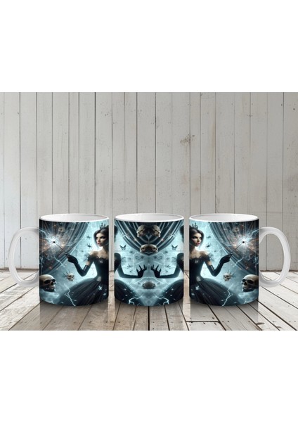 Gotik Elbise Giymiş Vampir Kadın Figürlü Korku Temalı Cadılar Bayramı Baskılı Kupa