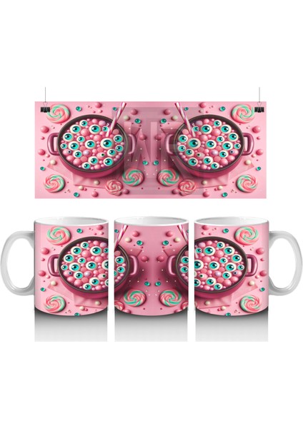 Pembe Zemin Üzerinde Korkunç Şeker Figürlü Sevimli Cadılar Bayramı Baskılı Kupa