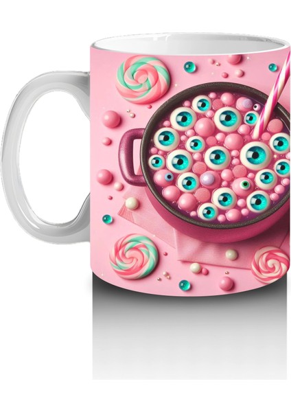 Pembe Zemin Üzerinde Korkunç Şeker Figürlü Sevimli Cadılar Bayramı Baskılı Kupa fiyatları