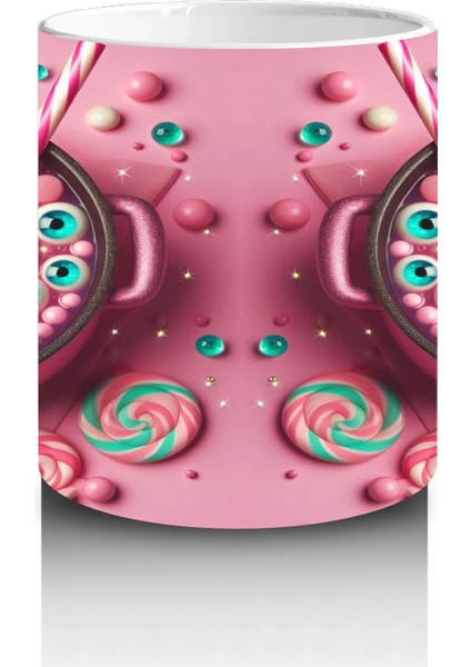 Pembe Zemin Üzerinde Korkunç Şeker Figürlü Sevimli Cadılar Bayramı Baskılı Kupa modelleri