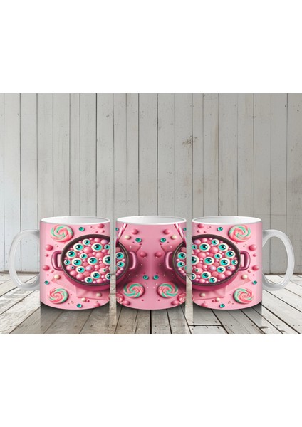 Pembe Zemin Üzerinde Korkunç Şeker Figürlü Sevimli Cadılar Bayramı Baskılı Kupa