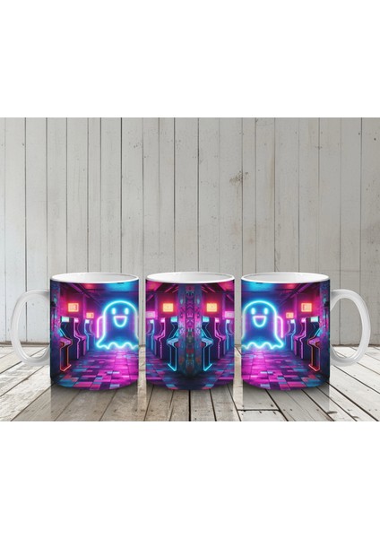 Neon Işıklı Gotik Şato Girişi Figürlü Renkli Cadılar Bayramı Baskılı Kupa Bardak