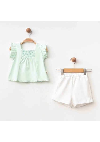 Fırfırlı Bluz Şort Takım Mint Yeşili