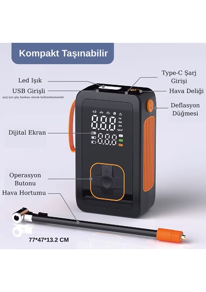 Şarjlı Ledli Powerbank Özellikli Oto Motosiklet Bisiklet Lastik Hava Kompresörü Hava Pompası modelleri