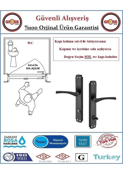 Bravo Wc Banyo Kapı Kolu - Mat Siyah - 1 Takım Ön ve Arka - Sol