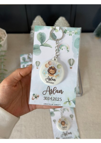 Figürlü Yeni Doğan Mevlit Hediyelik Bebek Açacak Anahtarlık-Safari Aslan -Toplam 20 Adet Kartlı