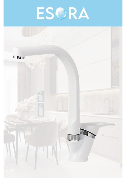 Beyaz Balık Sırtı Mix Mutfak Bataryası Çift Su Girişli Çeşme Eviye Bataryası Mutfak Çeşmesi