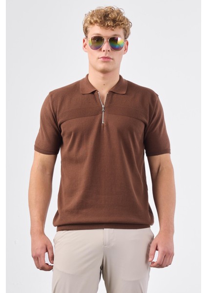 Kahve Fermuarlı Polo Yaka Kısa Kollu Örgü Slim Fit Erkek Triko