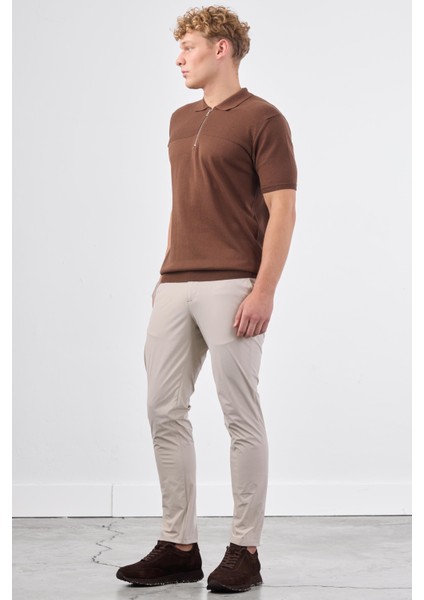 Kahve Fermuarlı Polo Yaka Kısa Kollu Örgü Slim Fit Erkek Triko fiyatları