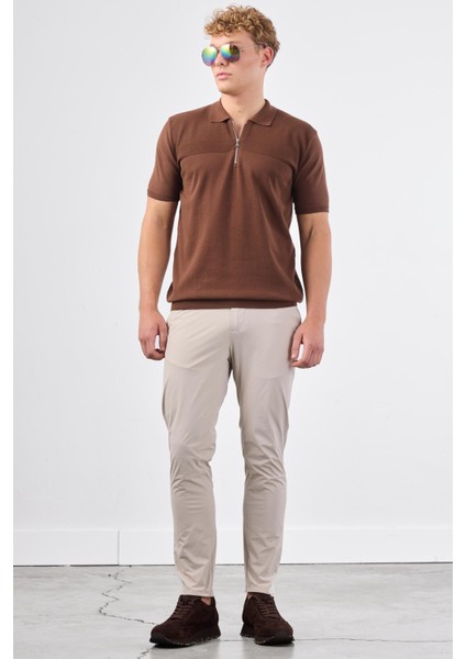 Kahve Fermuarlı Polo Yaka Kısa Kollu Örgü Slim Fit Erkek Triko modelleri