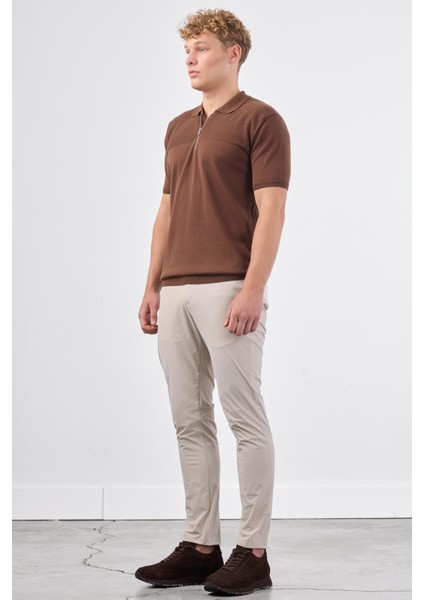 Kahve Fermuarlı Polo Yaka Kısa Kollu Örgü Slim Fit Erkek Triko fırsatları