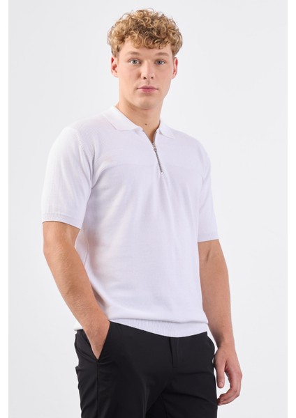 Beyaz Fermuarlı Polo Yaka Kısa Kollu Örgü Slim Fit Erkek Triko fiyatları