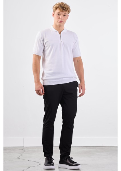 Beyaz Fermuarlı Polo Yaka Kısa Kollu Örgü Slim Fit Erkek Triko fırsatları