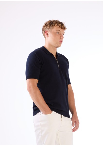 Lacivert Fermuarlı Polo Yaka Kısa Kollu Örgü Slim Fit Erkek Triko fiyatları
