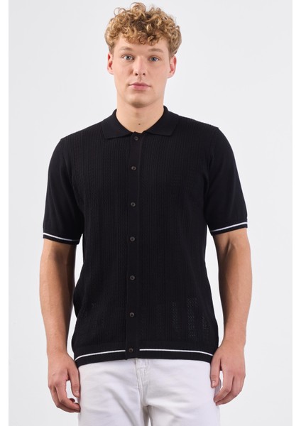 Siyah Polo Düğmeli Fitilli Kısa Kollu Slim Fit Erkek Triko