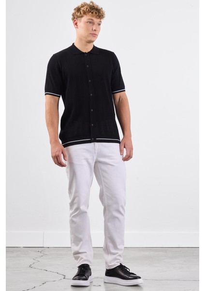 Siyah Polo Düğmeli Fitilli Kısa Kollu Slim Fit Erkek Triko fiyatları